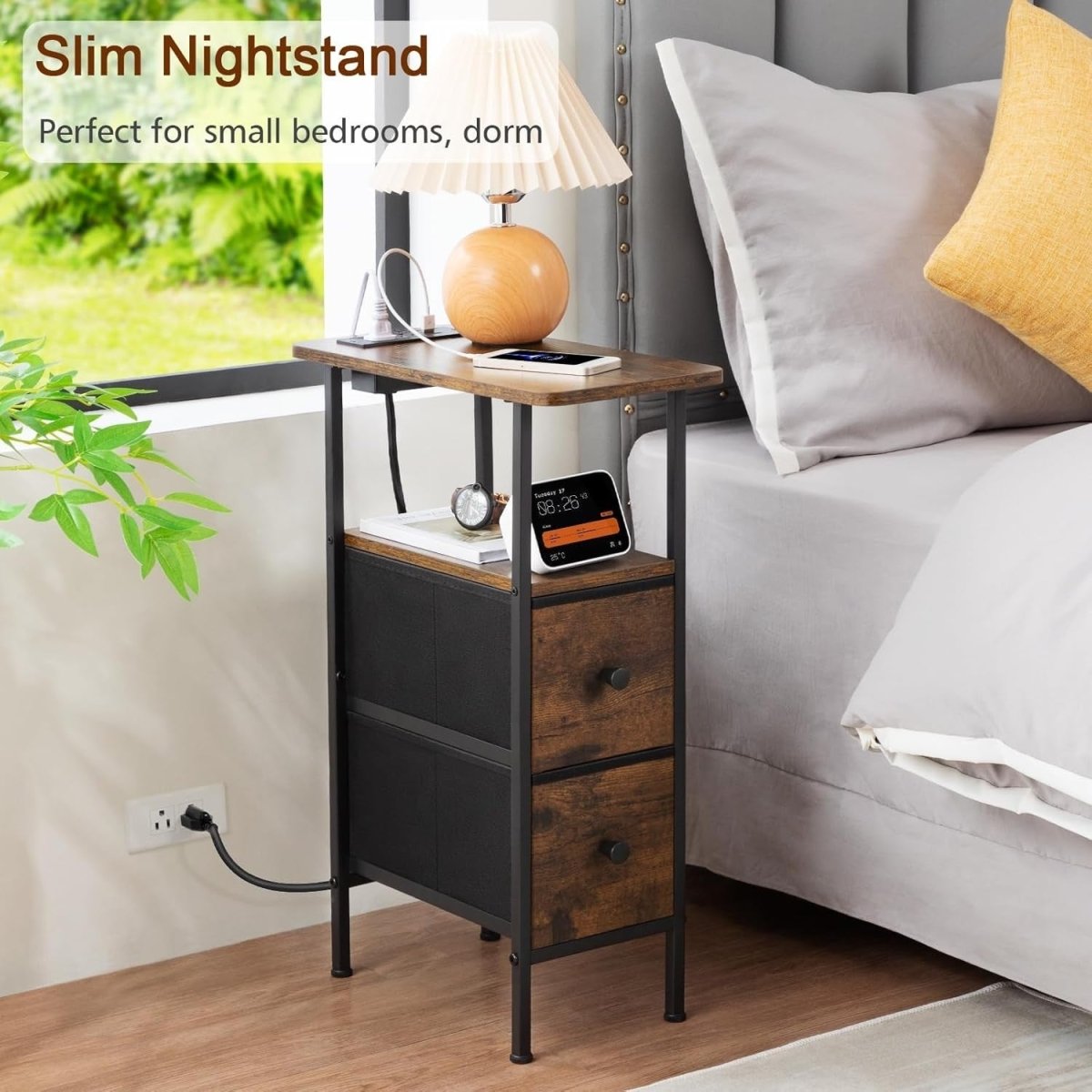 Slim Side Table with USB Charging, 2 Fabric Drawers & Shelf for Small Spaces - Kwikley