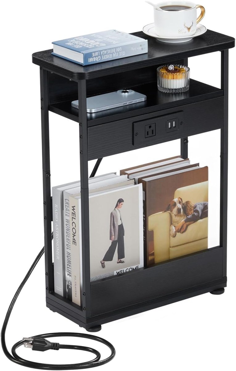 Slim Side Table with USB Charging – 3 - Tier Narrow Bedside Unit Black - Kwikley
