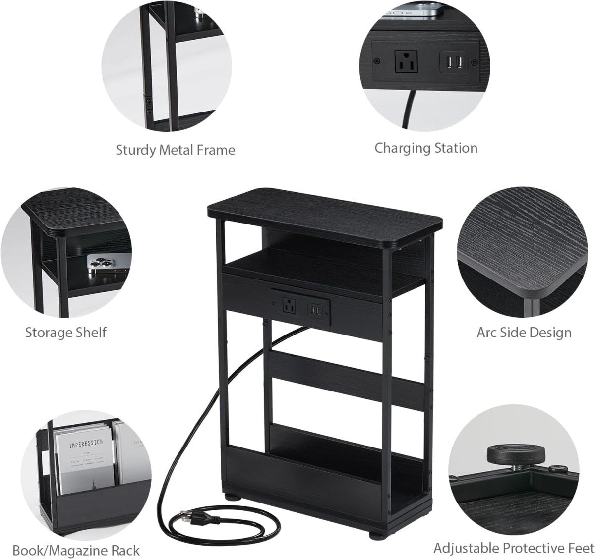 Slim Side Table with USB Charging – 3 - Tier Narrow Bedside Unit Black - Kwikley