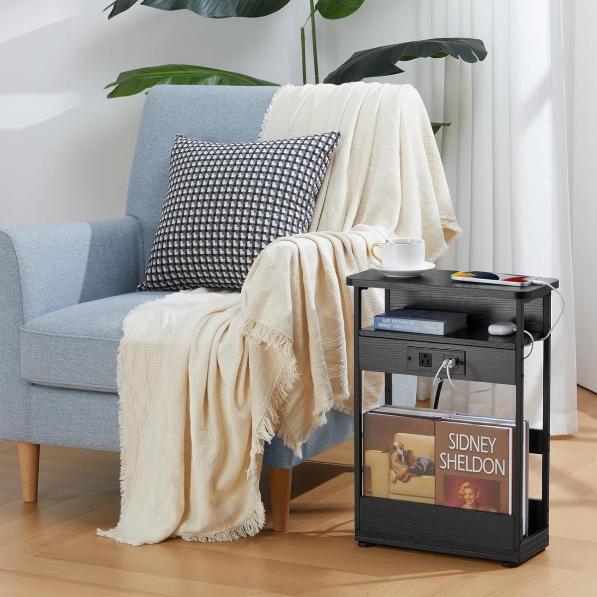 Slim Side Table with USB Charging – 3 - Tier Narrow Bedside Unit Black - Kwikley