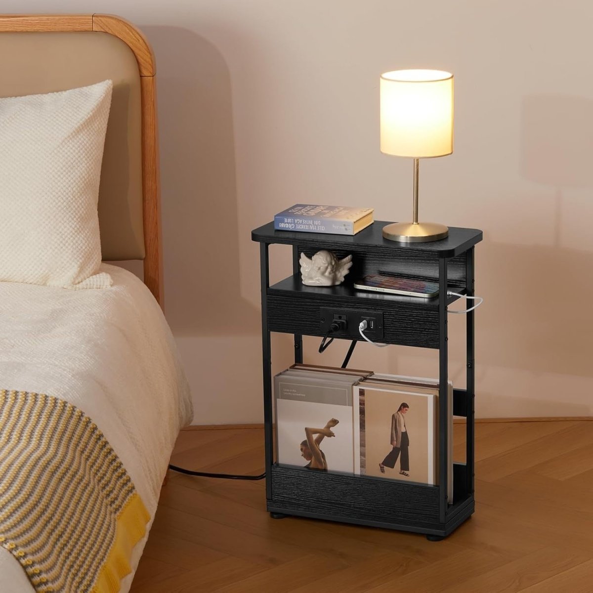 Slim Side Table with USB Charging – 3 - Tier Narrow Bedside Unit Black - Kwikley
