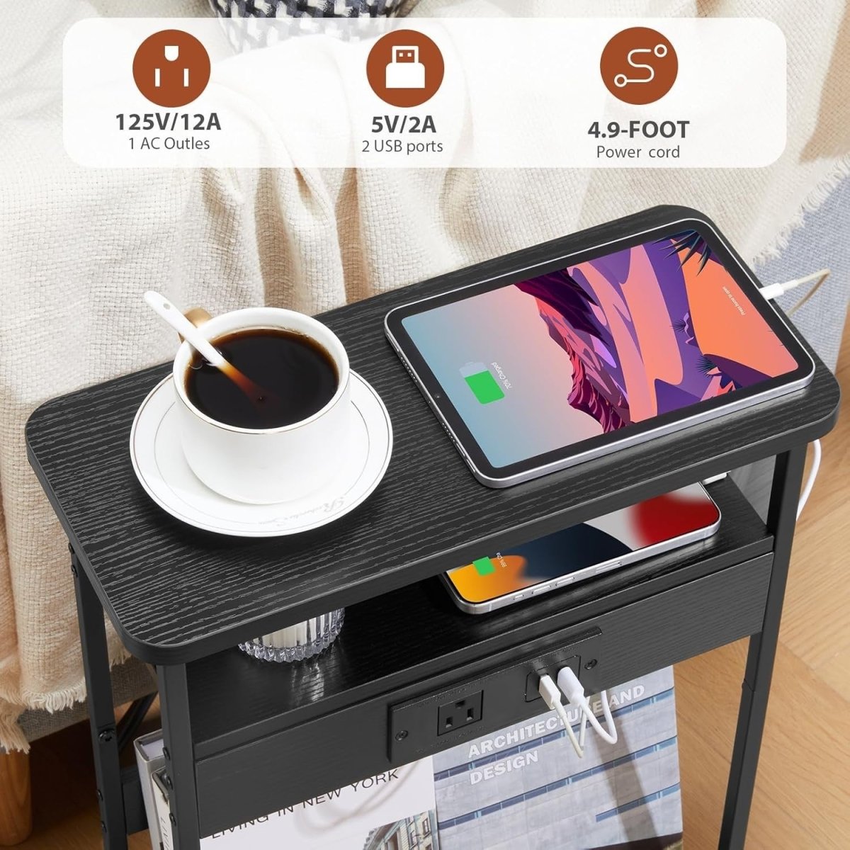 Slim Side Table with USB Charging – 3 - Tier Narrow Bedside Unit Black - Kwikley