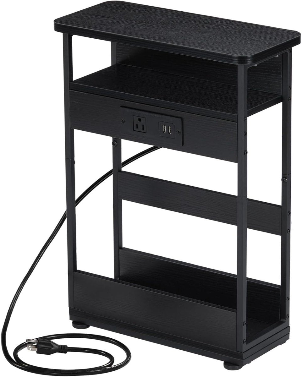 Slim Side Table with USB Charging – 3 - Tier Narrow Bedside Unit Black - Kwikley