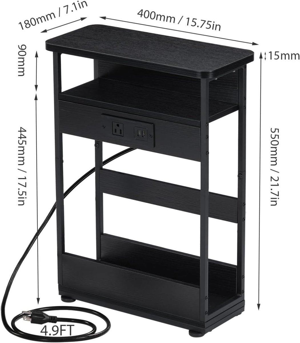 Slim Side Table with USB Charging – 3 - Tier Narrow Bedside Unit Black - Kwikley