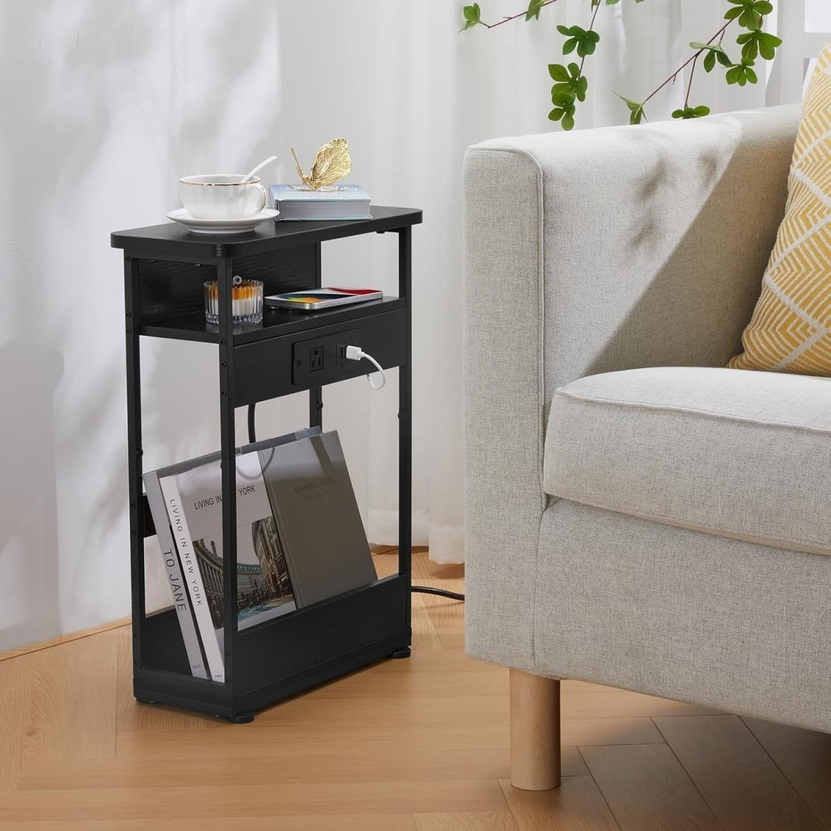 Slim Side Table with USB Charging – 3 - Tier Narrow Bedside Unit Black - Kwikley