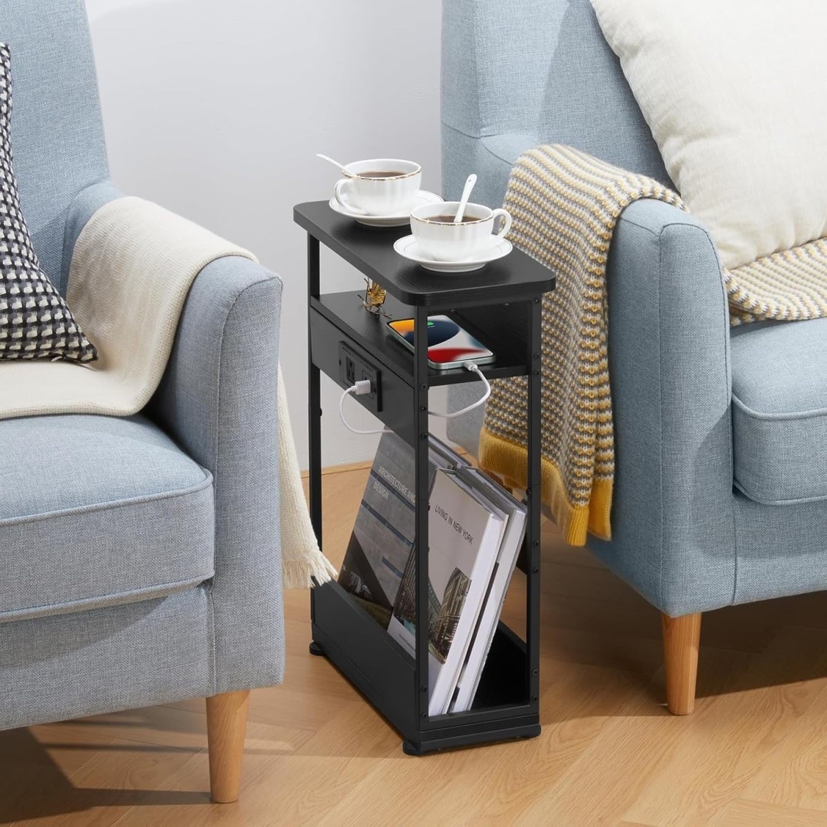 Slim Side Table with USB Charging – 3 - Tier Narrow Bedside Unit Black - Kwikley