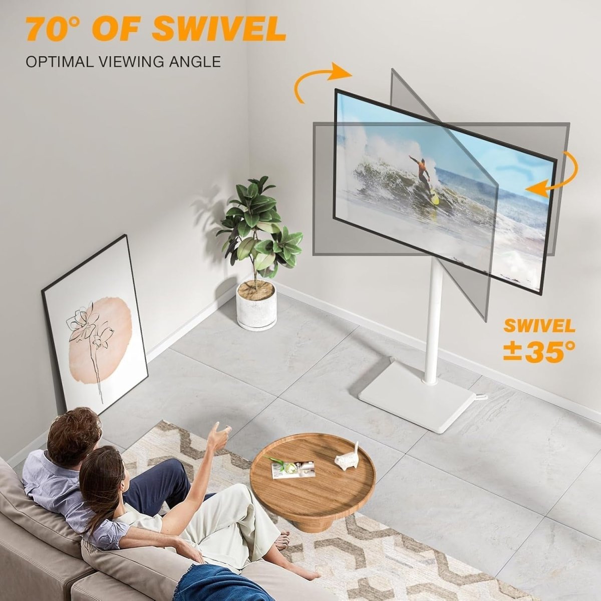 Slim Swivel TV Floor Stand for 32–55” Adjustable Corner Mount VESA 40kg - White - Kwikley