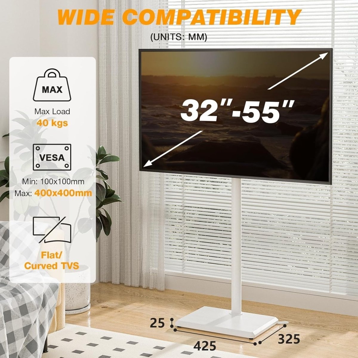 Slim Swivel TV Floor Stand for 32–55” Adjustable Corner Mount VESA 40kg - White - Kwikley