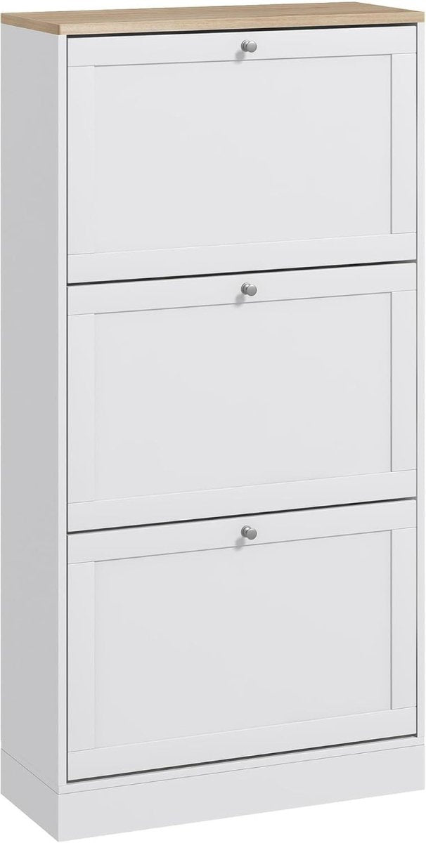 Slim White Shoe Cabinet with 3 Flip Drawers & Adjustable Shelves Storage - Kwikley
