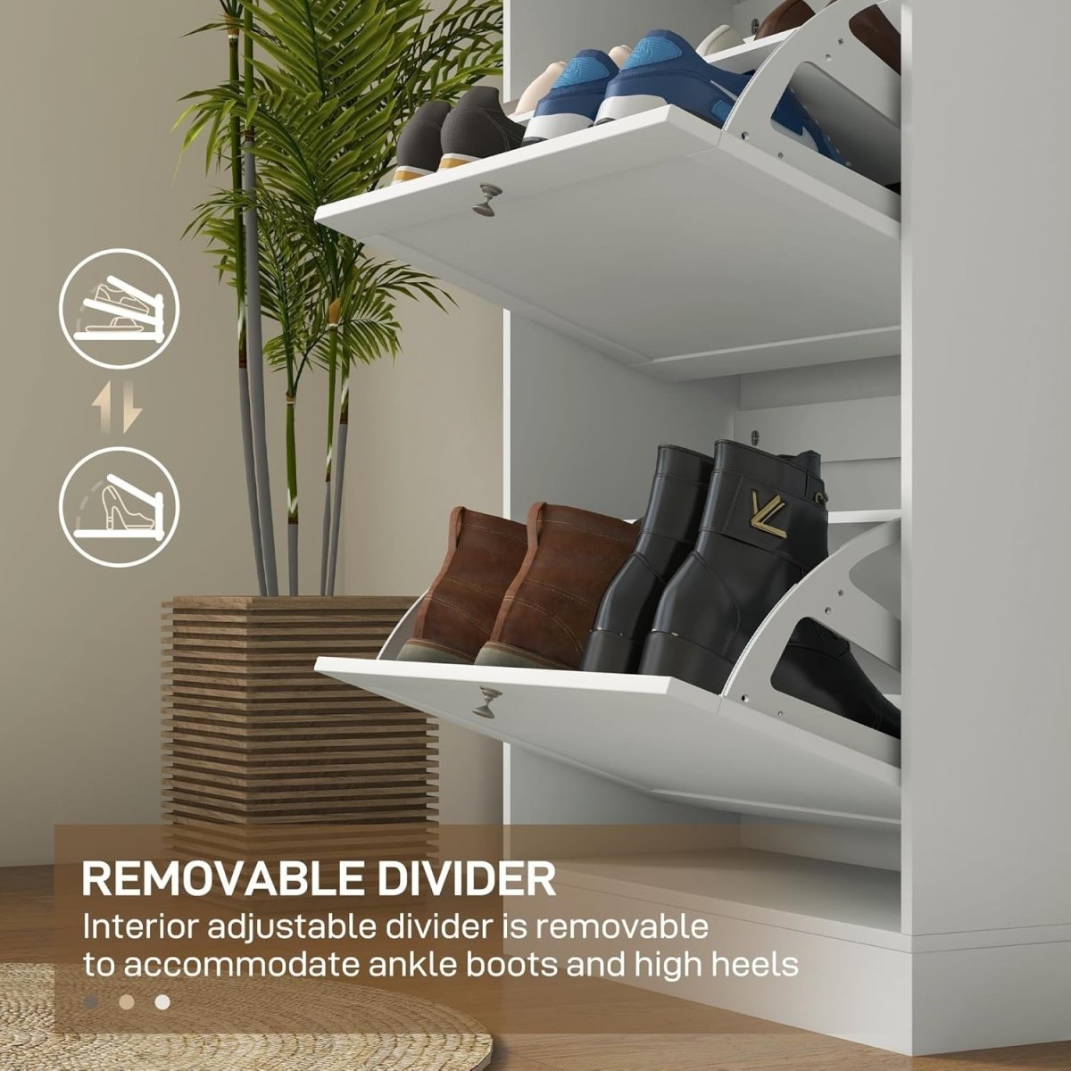Slim White Shoe Cabinet with 3 Flip Drawers & Adjustable Shelves Storage - Kwikley