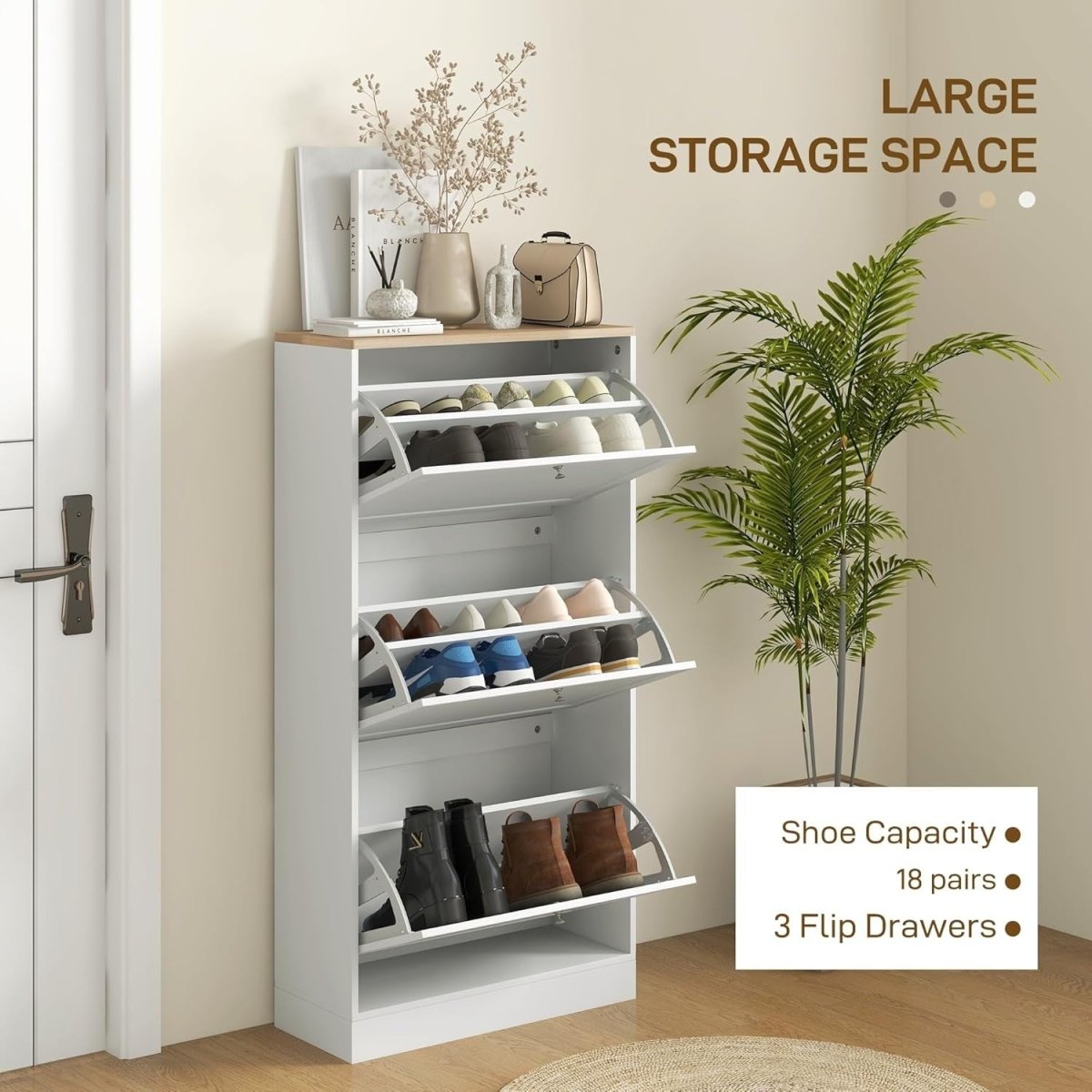 Slim White Shoe Cabinet with 3 Flip Drawers & Adjustable Shelves Storage - Kwikley