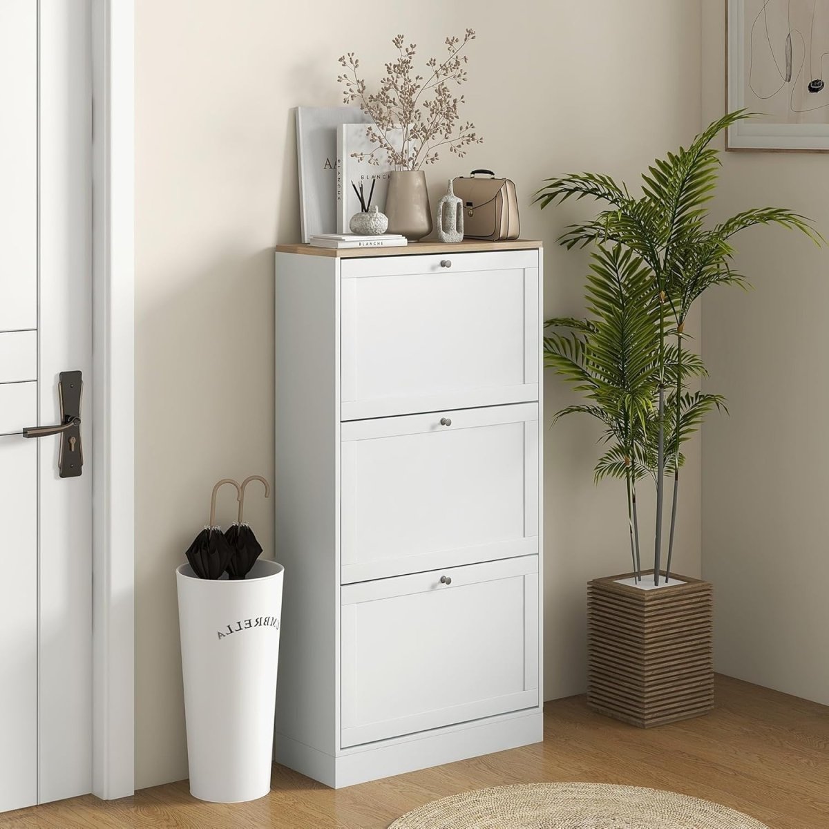 Slim White Shoe Cabinet with 3 Flip Drawers & Adjustable Shelves Storage - Kwikley