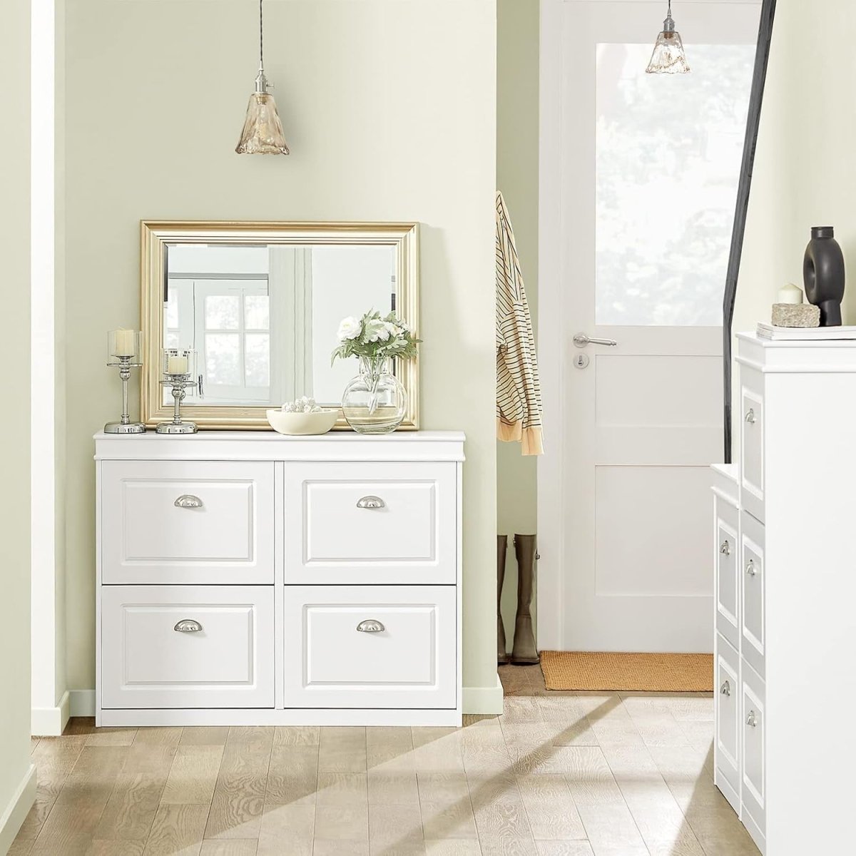 Slim White Shoe Rack Cabinet with 4 Flip Drawers – Space Saving 105x24x83cm - Kwikley