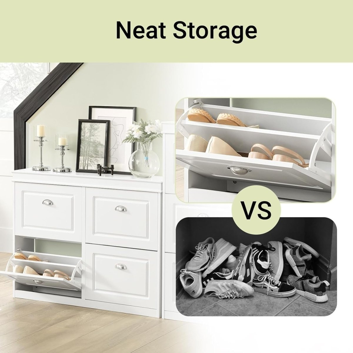 Slim White Shoe Rack Cabinet with 4 Flip Drawers – Space Saving 105x24x83cm - Kwikley