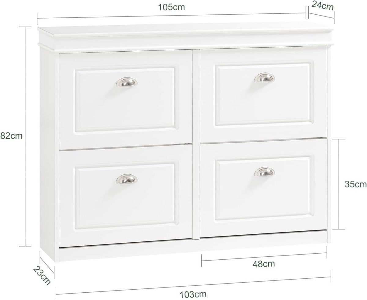 Slim White Shoe Rack Cabinet with 4 Flip Drawers – Space Saving 105x24x83cm - Kwikley