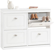 Slim White Shoe Rack Cabinet with 4 Flip Drawers – Space Saving 105x24x83cm - Kwikley