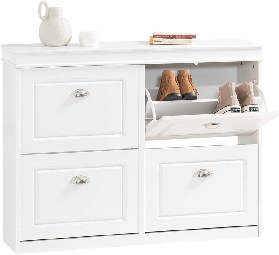 Slim White Shoe Rack Cabinet with 4 Flip Drawers – Space Saving 105x24x83cm - Kwikley