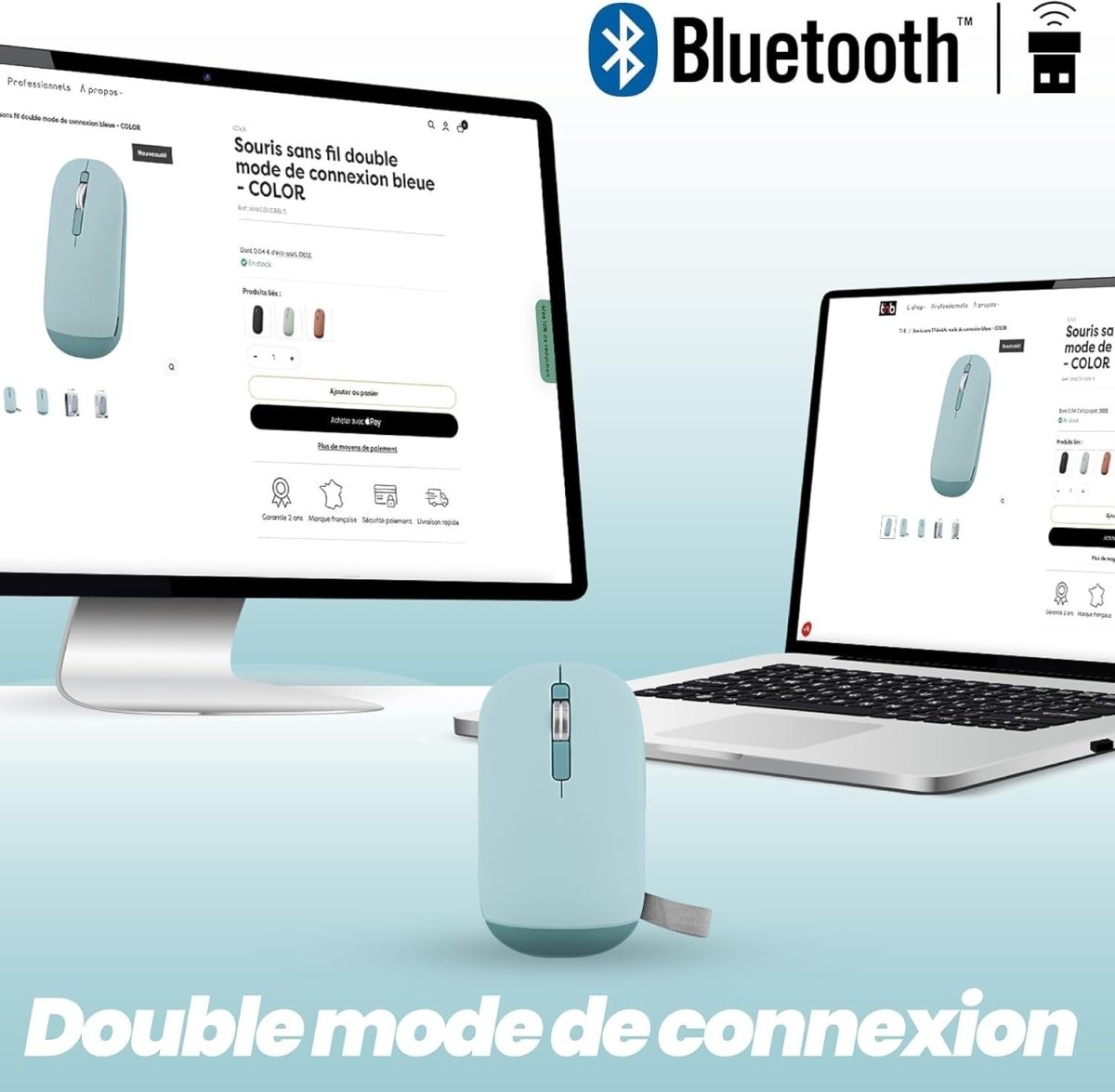 Slim Wireless Mouse Bluetooth & USB Dual Mode Quiet Blue - Kwikley