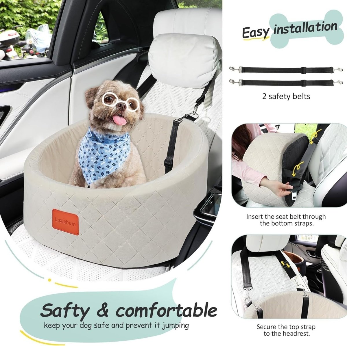 Small Dog Booster Car Seat Bed Washable Travel Carrier w 2 Leashes - Kwikley
