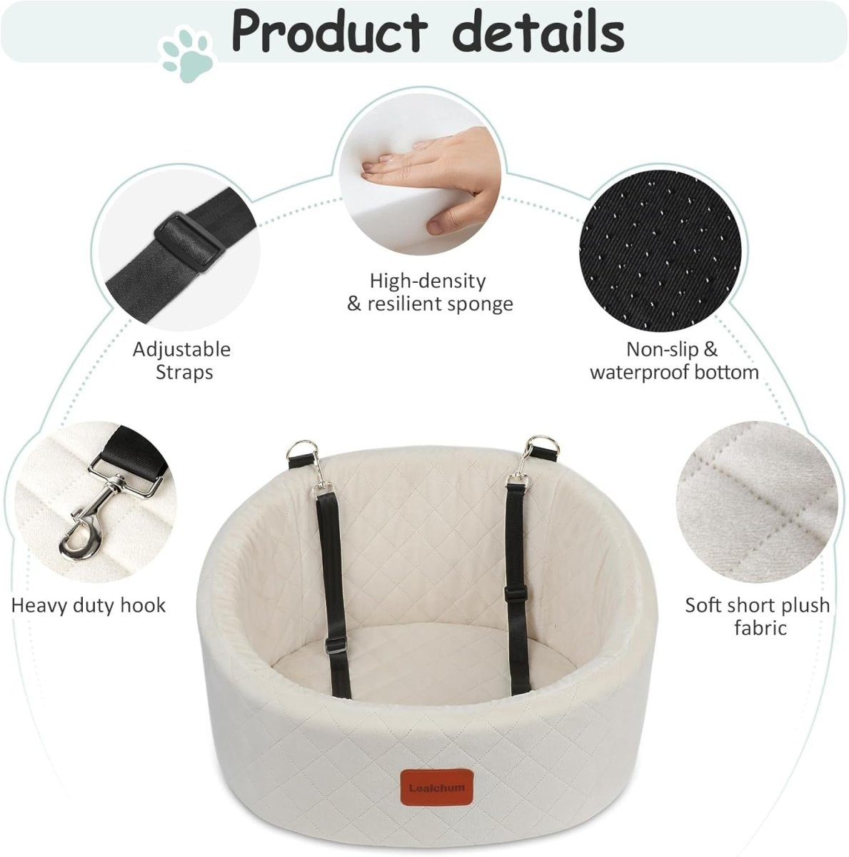 Small Dog Booster Car Seat Bed Washable Travel Carrier w 2 Leashes - Kwikley