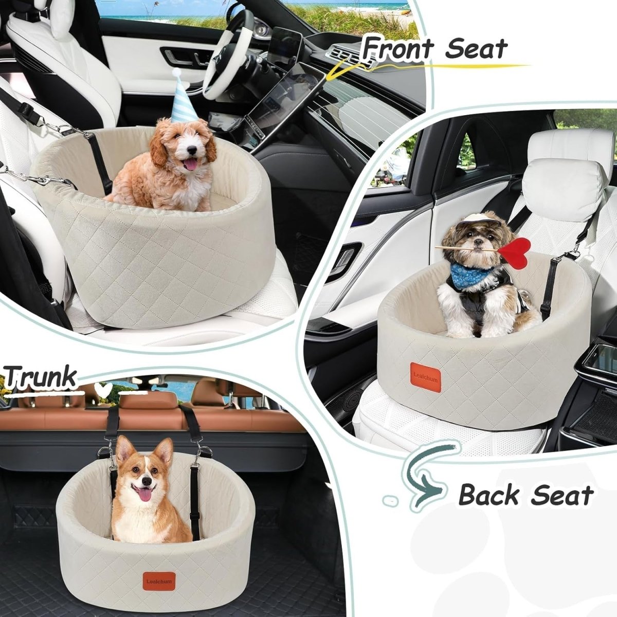 Small Dog Booster Car Seat Bed Washable Travel Carrier w 2 Leashes - Kwikley