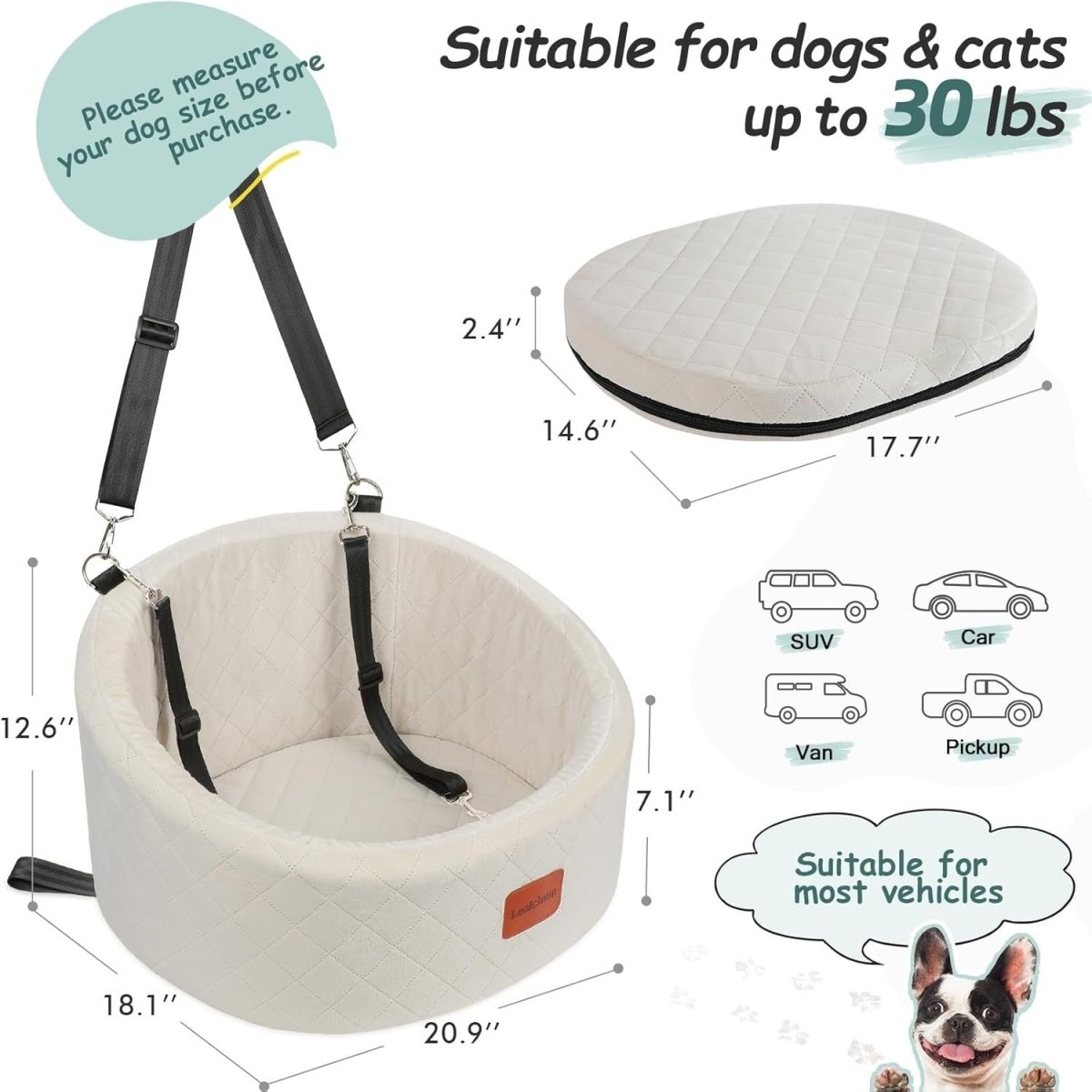 Small Dog Booster Car Seat Bed Washable Travel Carrier w 2 Leashes - Kwikley