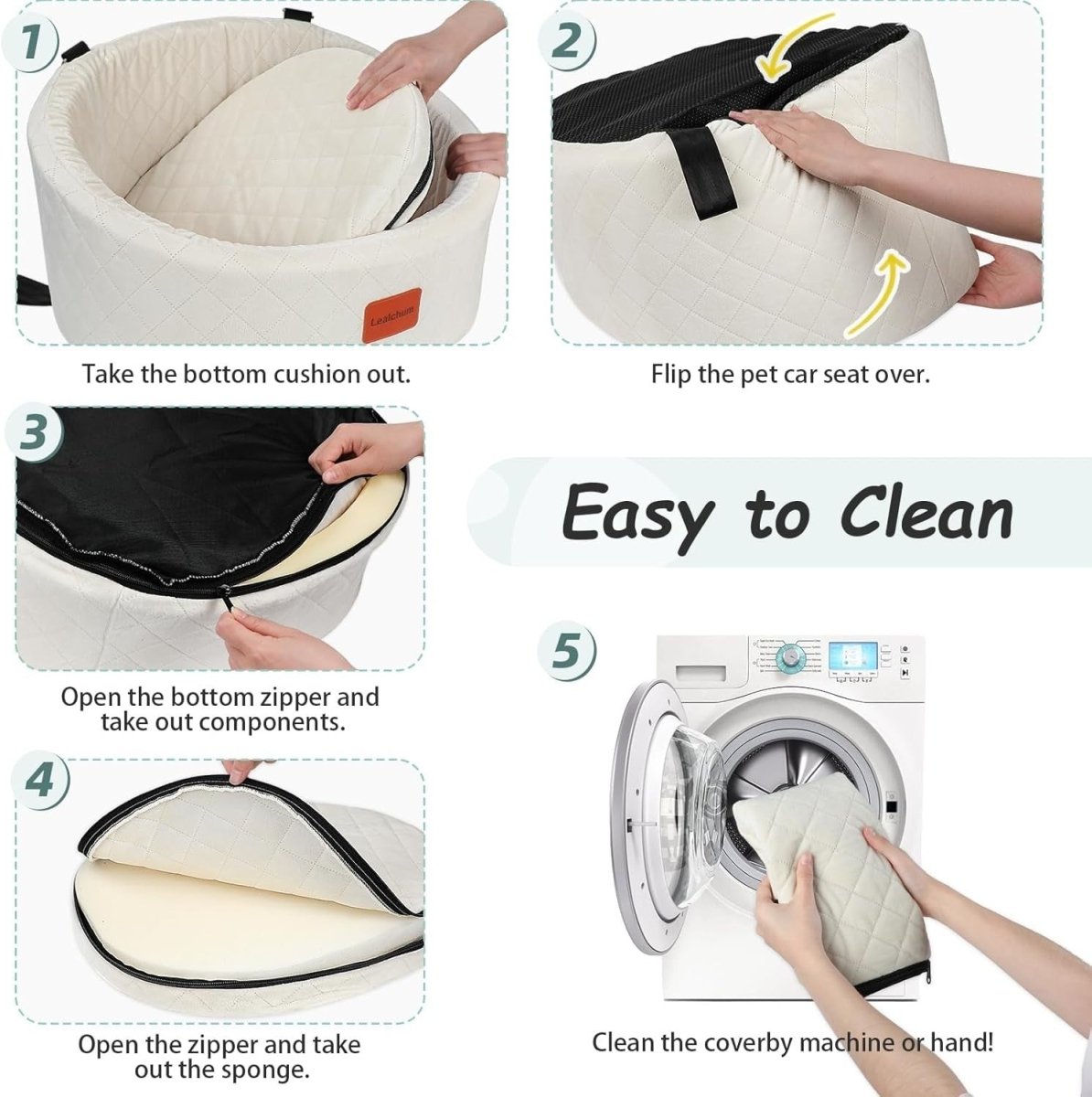 Small Dog Booster Car Seat Bed Washable Travel Carrier w 2 Leashes - Kwikley