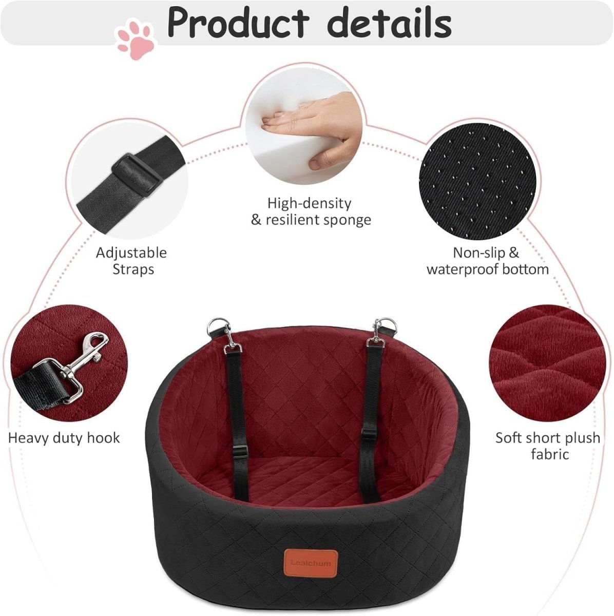 Small Dog Car Seat Bed Memory Foam Booster Travel Seat w 2 Leashes - Kwikley