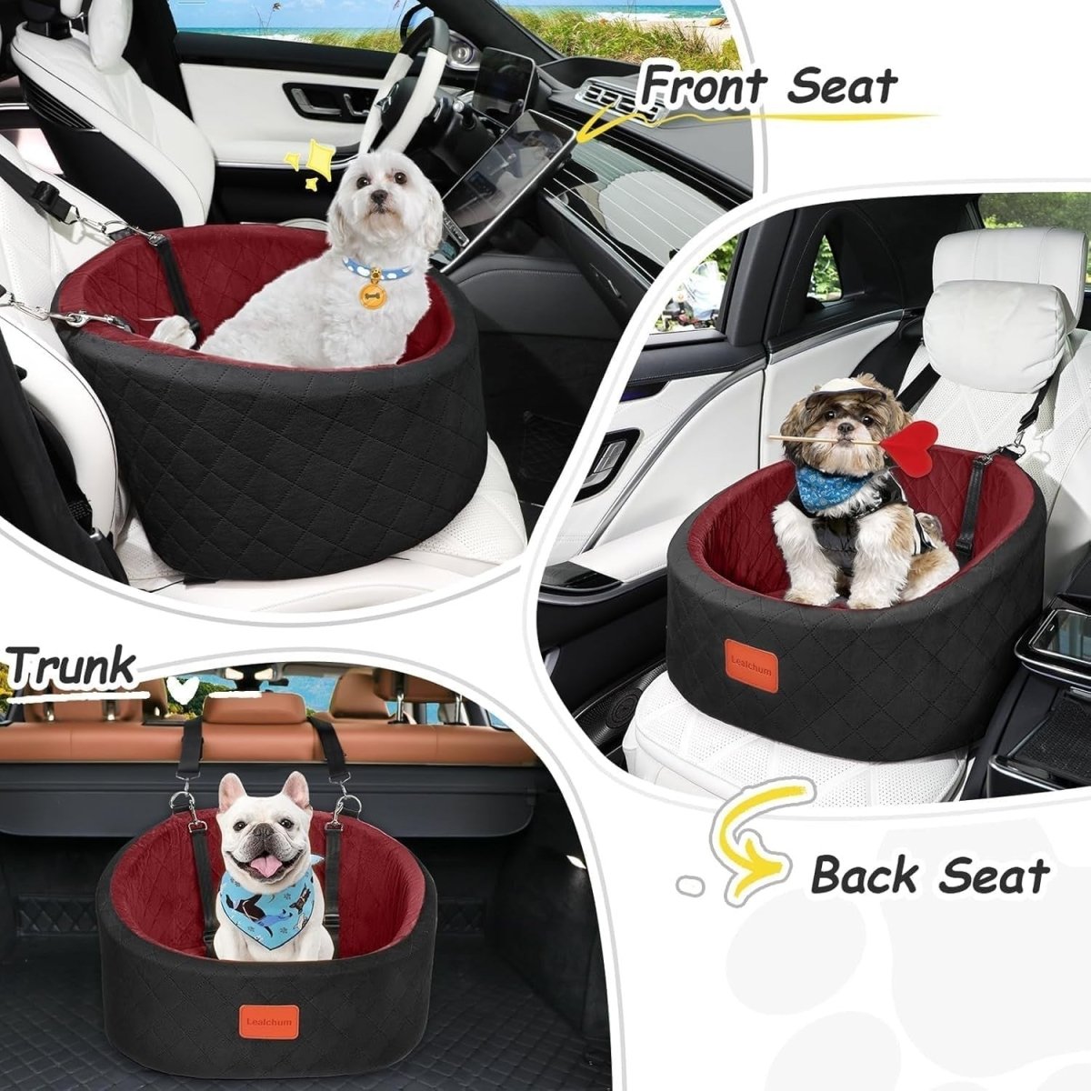 Small Dog Car Seat Bed Memory Foam Booster Travel Seat w 2 Leashes - Kwikley
