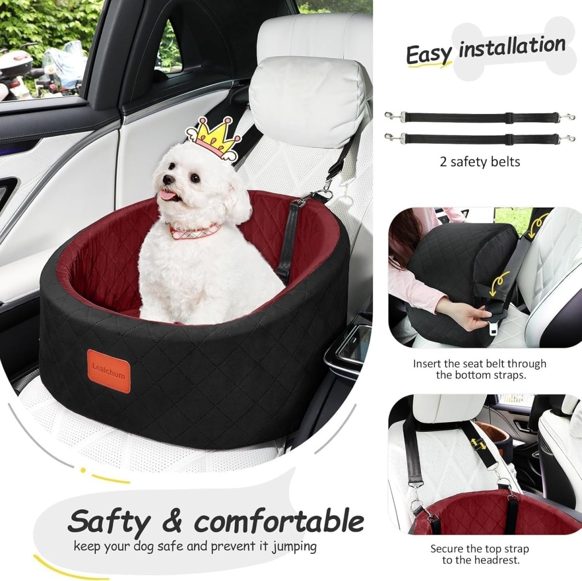 Small Dog Car Seat Bed Memory Foam Booster Travel Seat w 2 Leashes - Kwikley