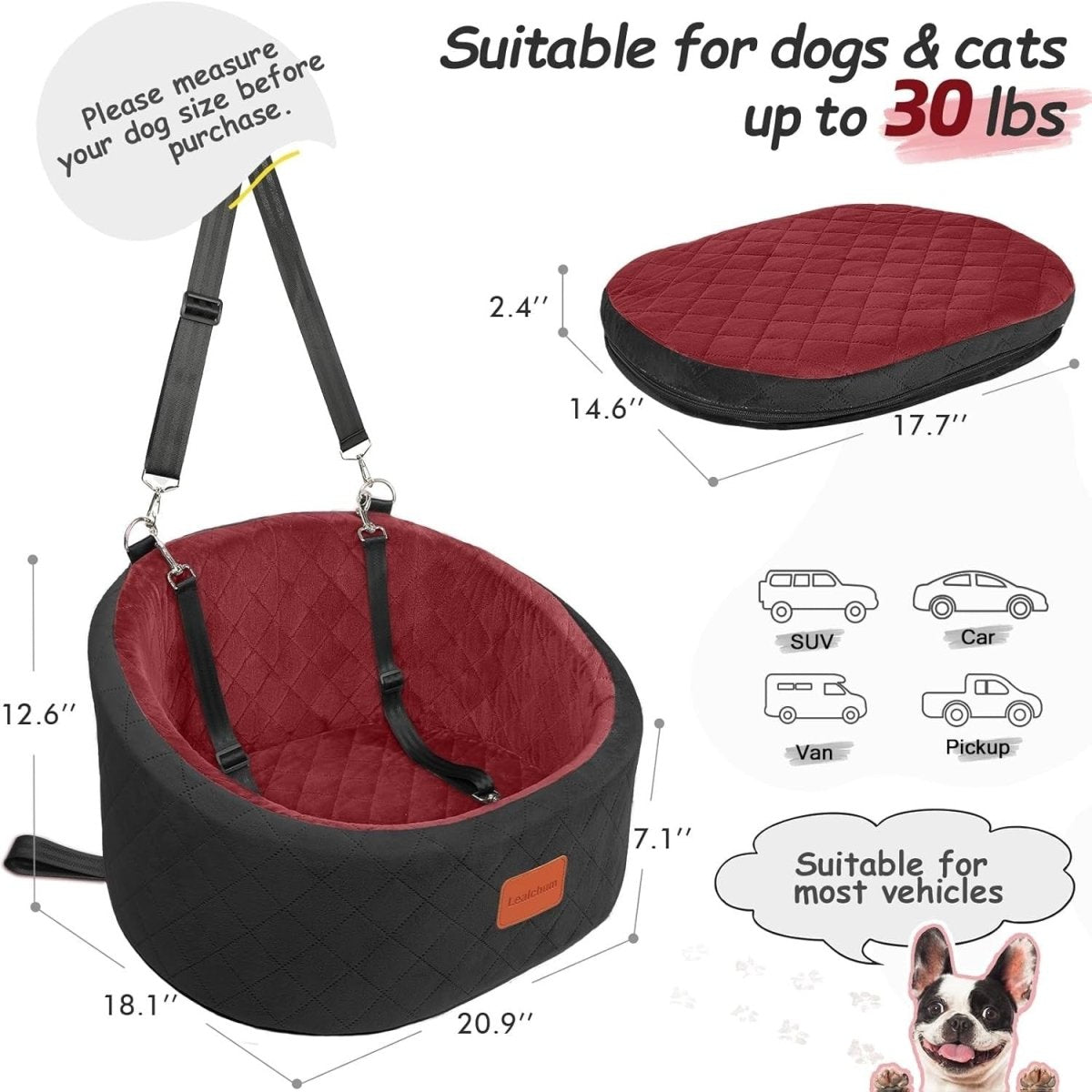 Small Dog Car Seat Bed Memory Foam Booster Travel Seat w 2 Leashes - Kwikley
