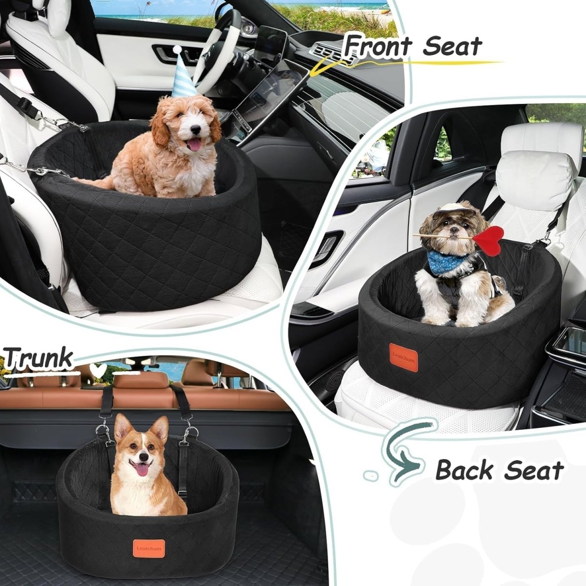 Small Dog Car Seat Memory Foam Travel Bed w 2 Safety Leashes Black - Kwikley