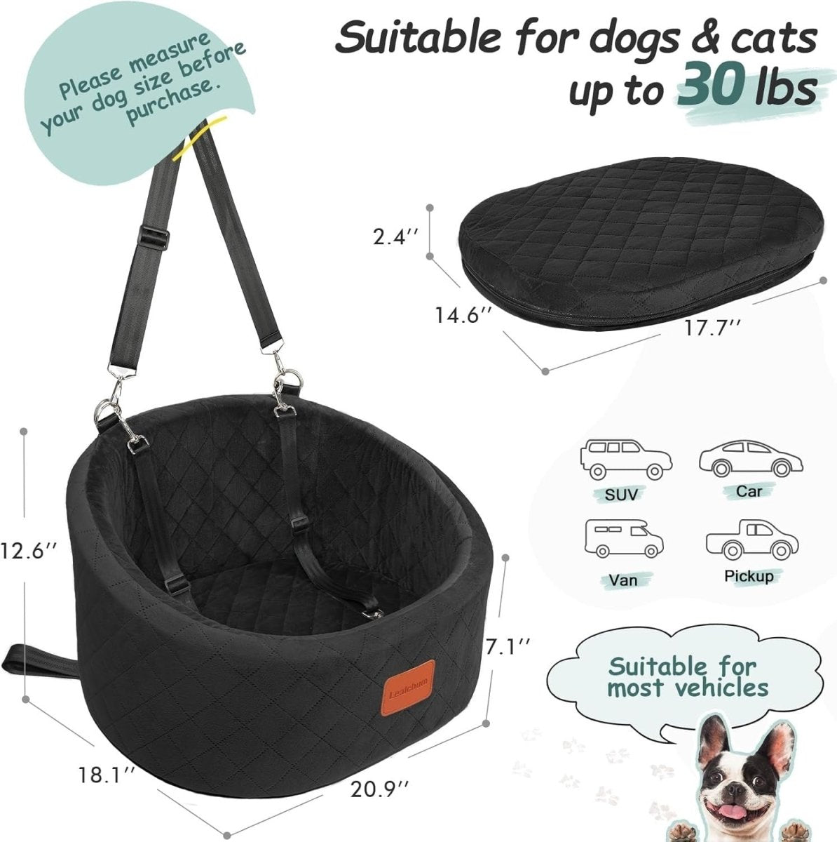Small Dog Car Seat Memory Foam Travel Bed w 2 Safety Leashes Black - Kwikley