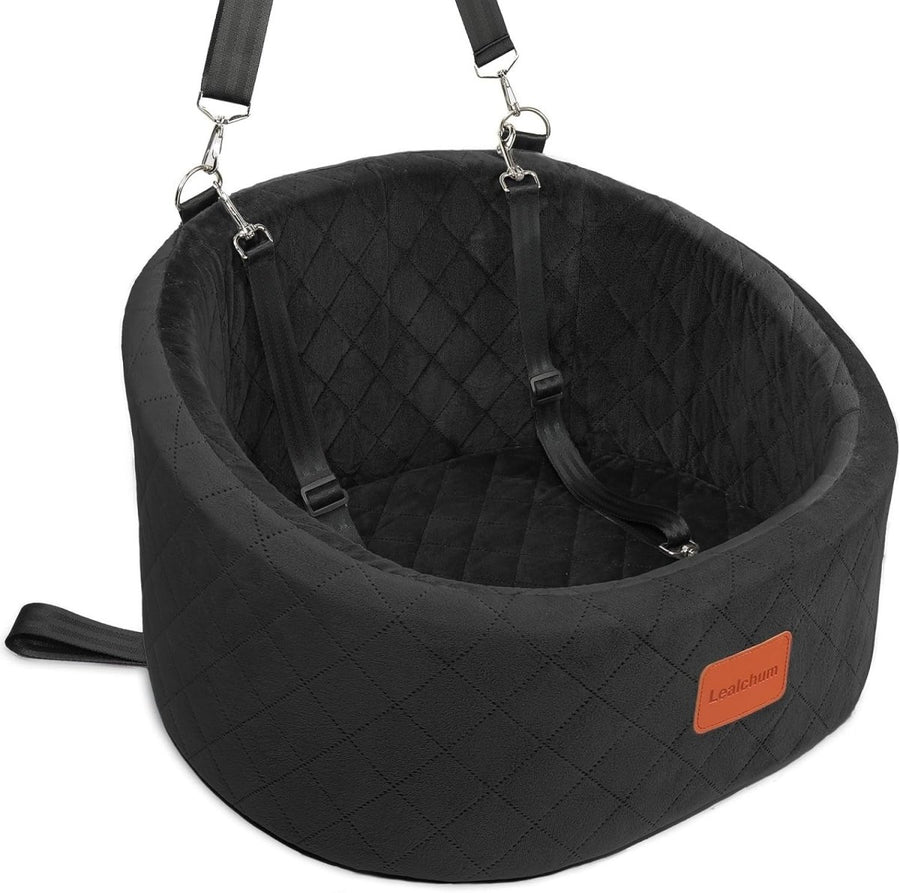 Small Dog Car Seat Memory Foam Travel Bed w 2 Safety Leashes Black - Kwikley