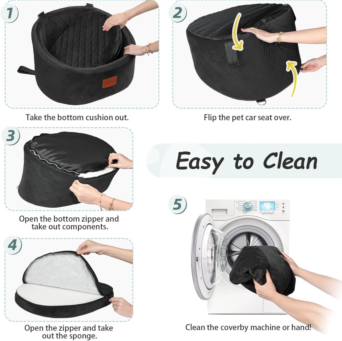 Small Dog Car Seat Memory Foam Travel Bed w 2 Safety Leashes Black - Kwikley