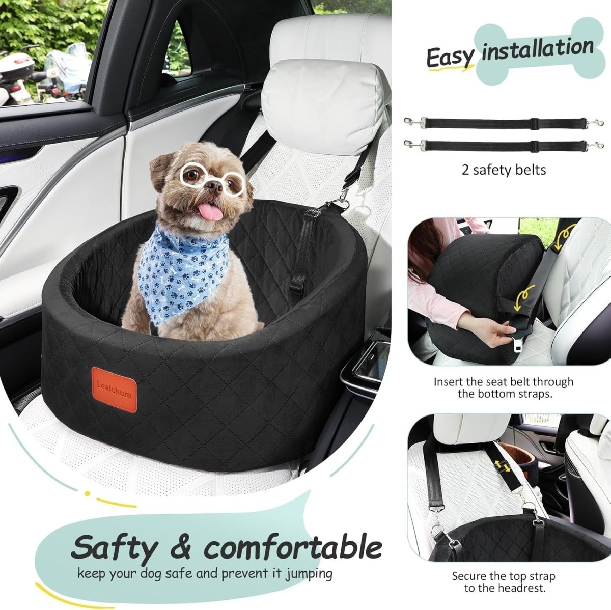 Small Dog Car Seat Memory Foam Travel Bed w 2 Safety Leashes Black - Kwikley