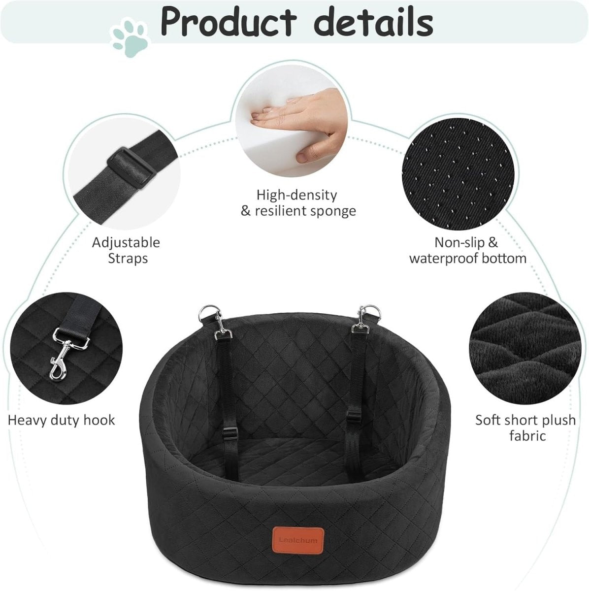 Small Dog Car Seat Memory Foam Travel Bed w 2 Safety Leashes Black - Kwikley