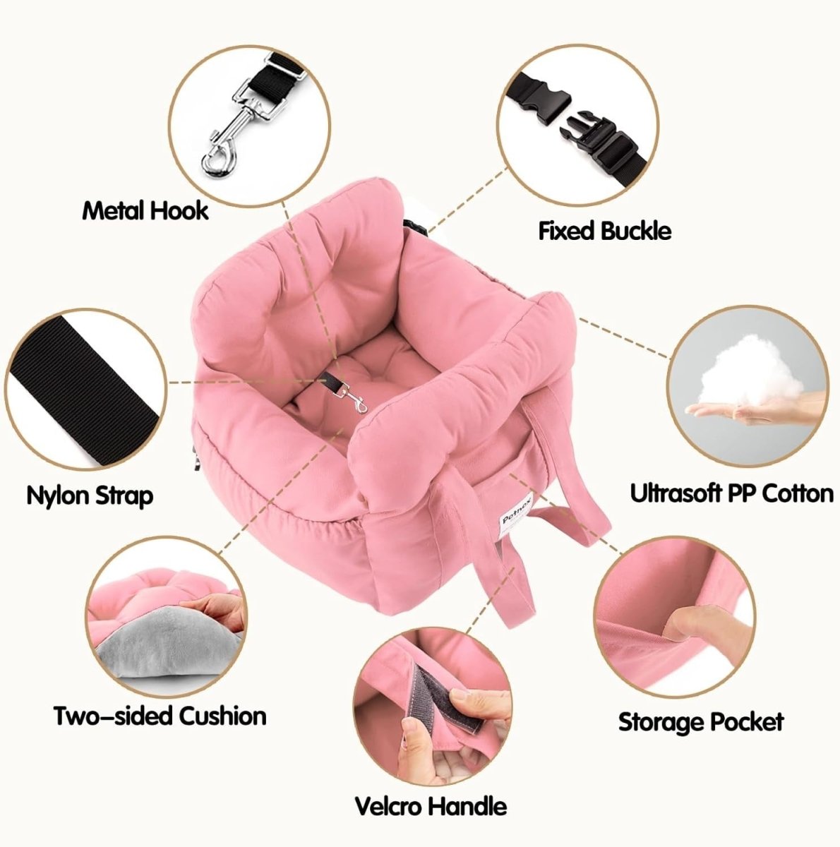 Small Dog Car Seat Pet Travel Bed Carrier with Safety Leash Pink - Kwikley