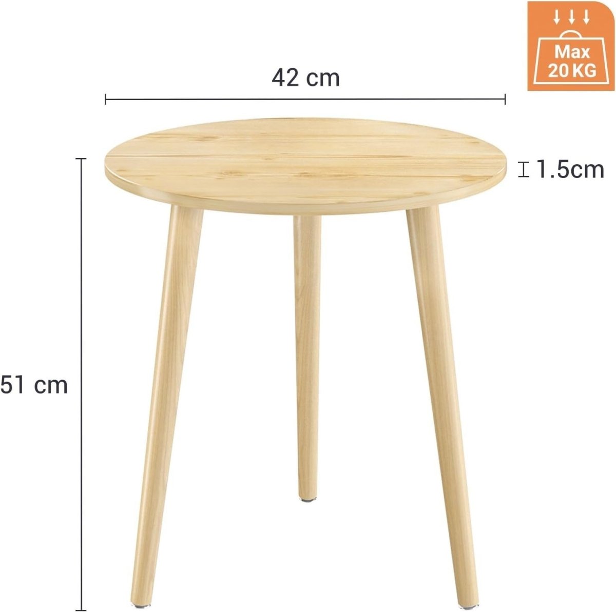 Small Oak Round Side Table 42x42x51cm, Sturdy Iron Legs, Easy Assemble - Kwikley