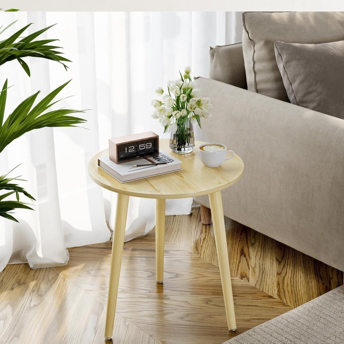 Small Oak Round Side Table 42x42x51cm, Sturdy Iron Legs, Easy Assemble - Kwikley