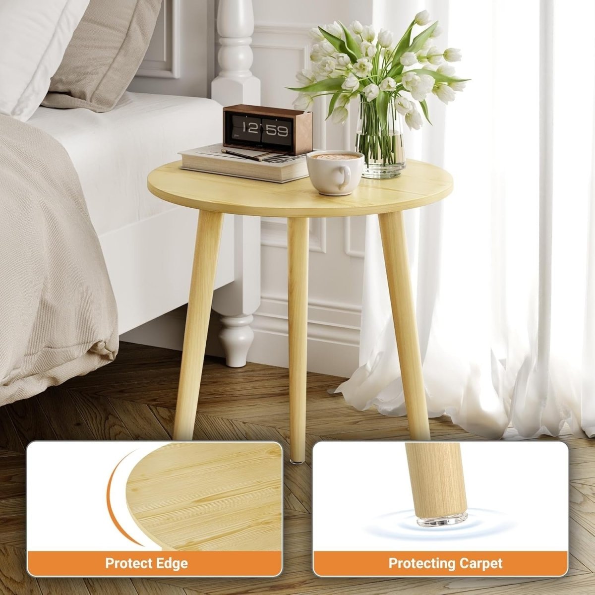 Small Oak Round Side Table 42x42x51cm, Sturdy Iron Legs, Easy Assemble - Kwikley