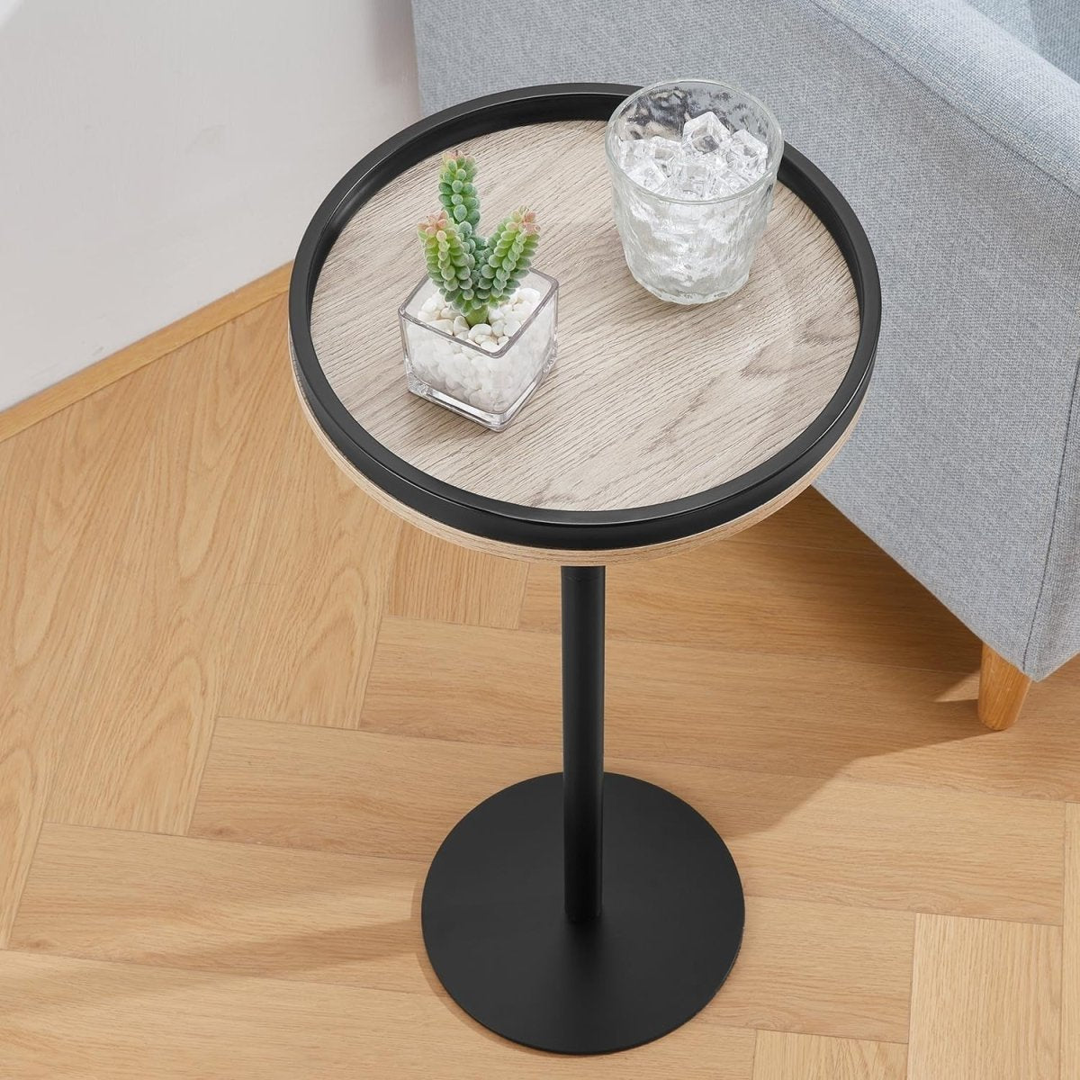 Small Round Coffee Table – 30x30x63cm Side Table Oak Finish - Kwikley