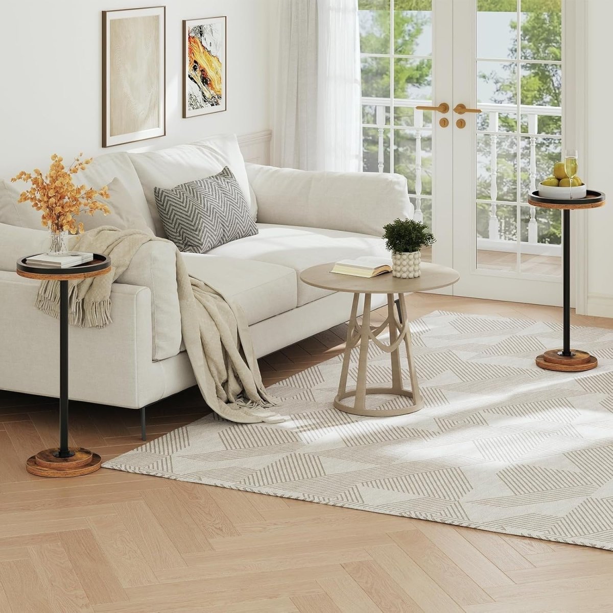 Small Round Side Table Rustic Brown Black Accent Coffee & Sofa Table - Kwikley