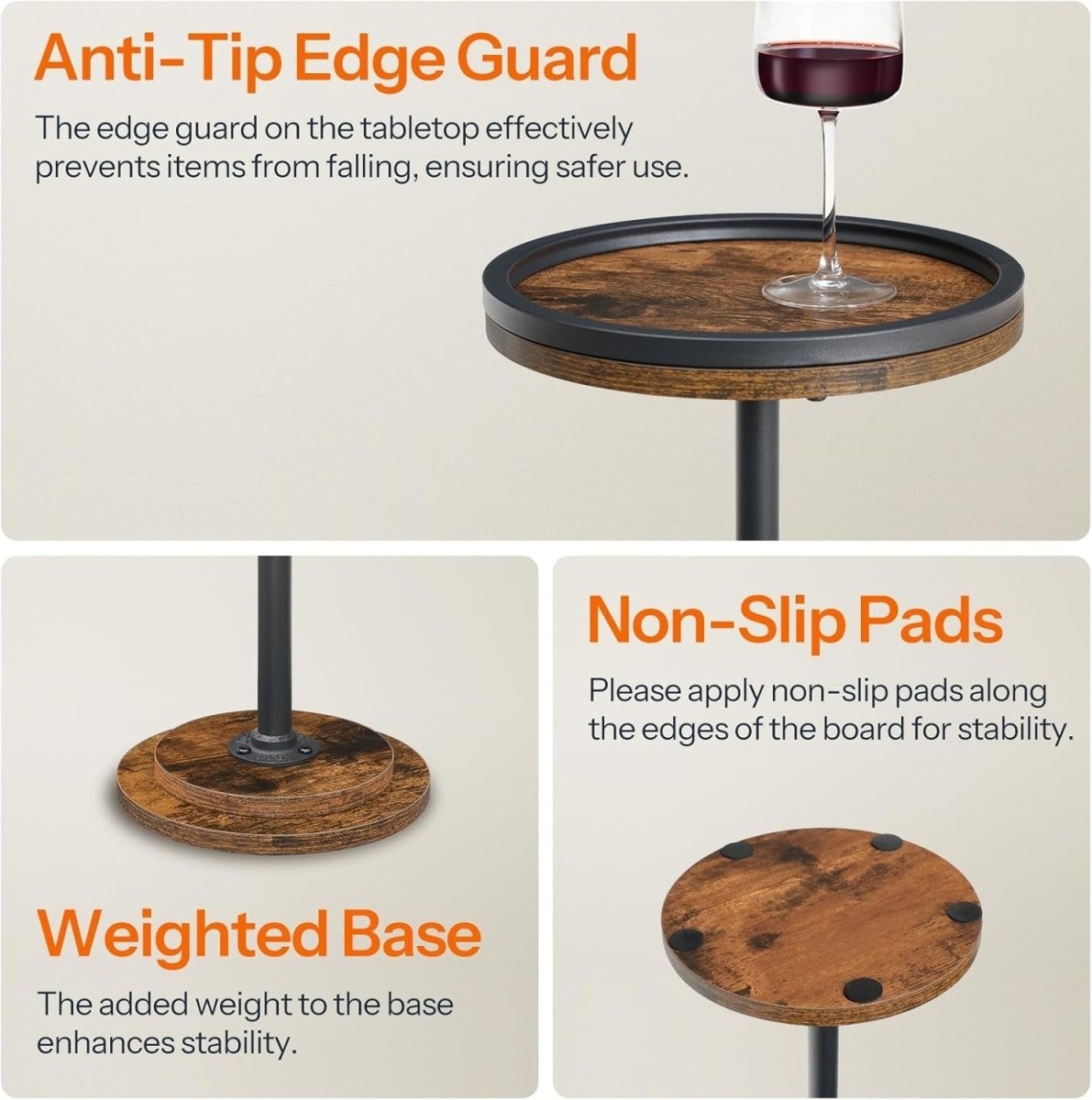 Small Round Side Table Rustic Brown Black Accent Coffee & Sofa Table - Kwikley