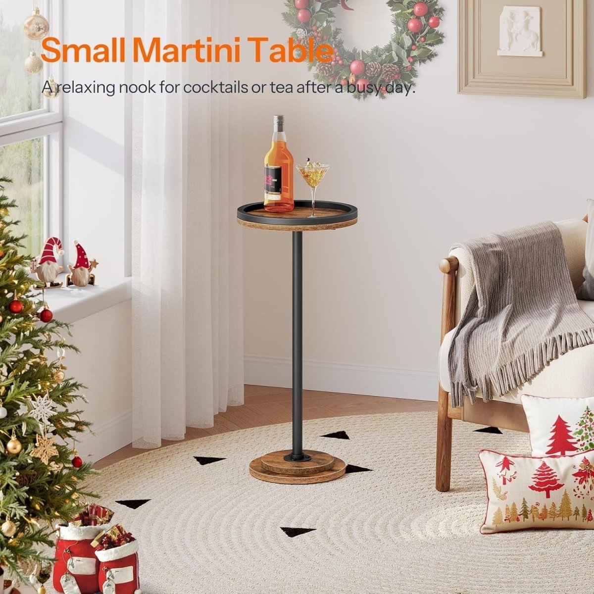 Small Round Side Table Rustic Brown Black Accent Coffee & Sofa Table - Kwikley