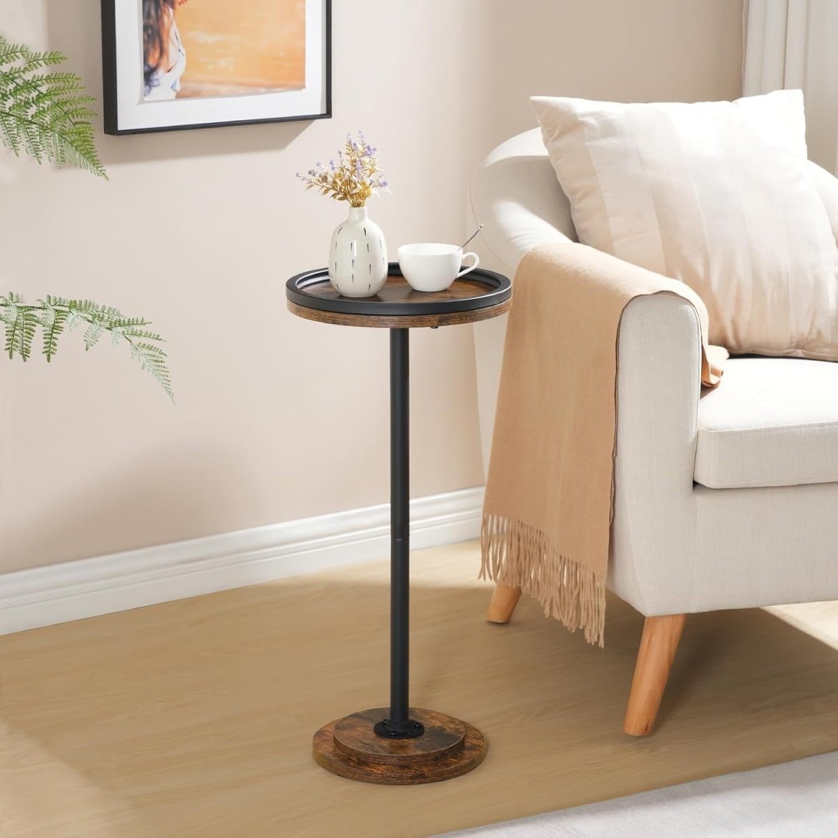 Small Round Side Table Rustic Brown Black Accent Coffee & Sofa Table - Kwikley