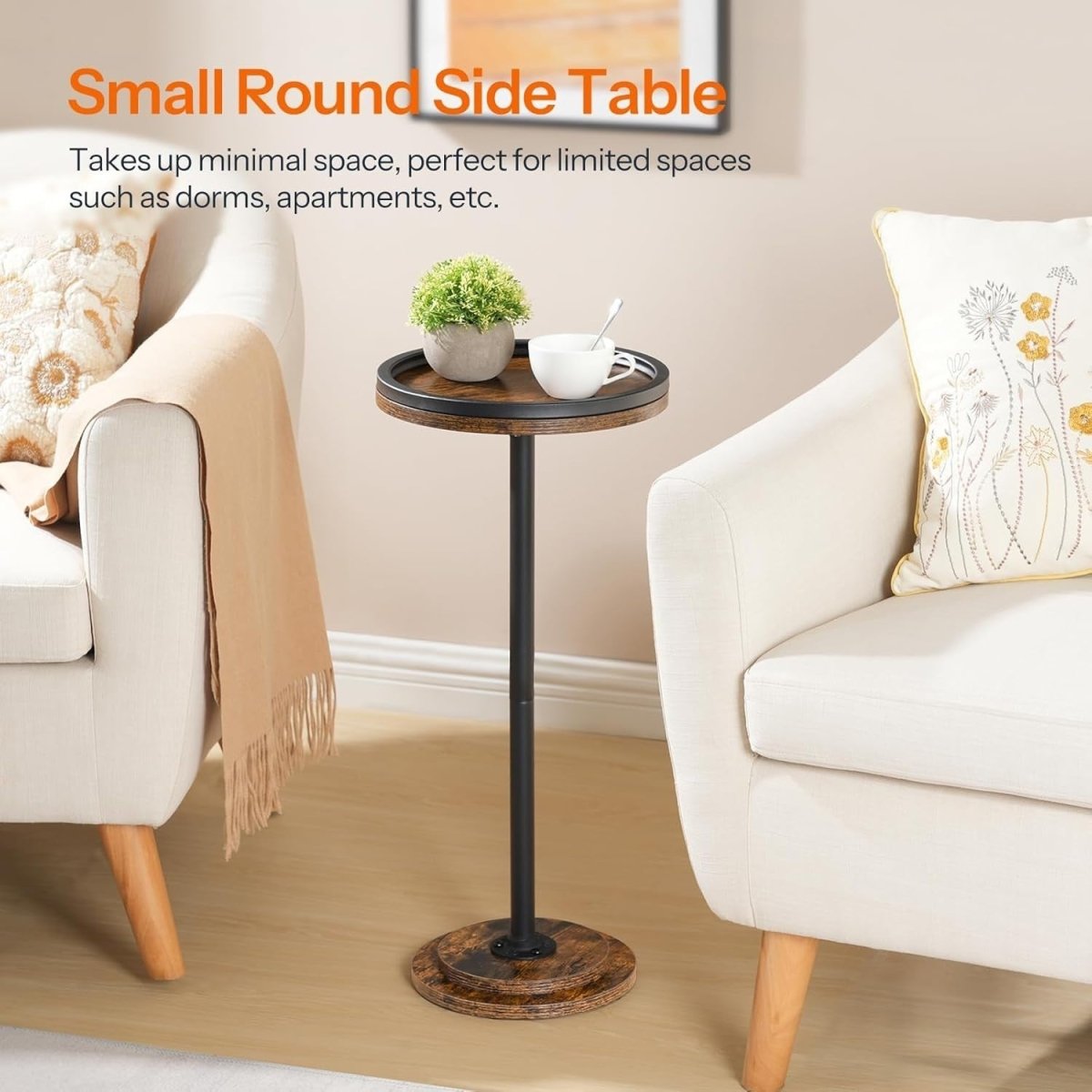 Small Round Side Table Rustic Brown Black Accent Coffee & Sofa Table - Kwikley