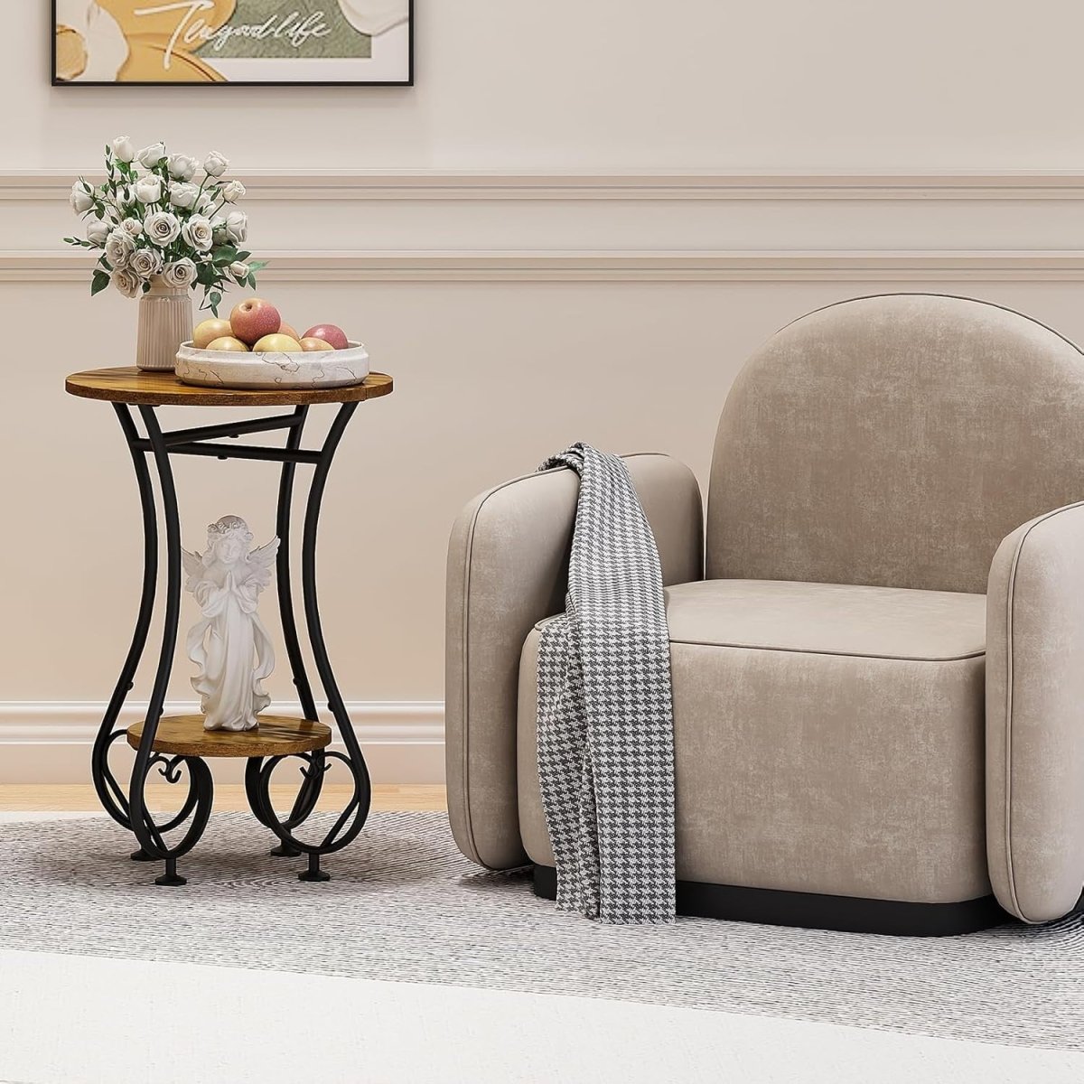 Small Round Side Table with Lower Shelf – Rustic Wood, Metal Frame, Compact - Kwikley