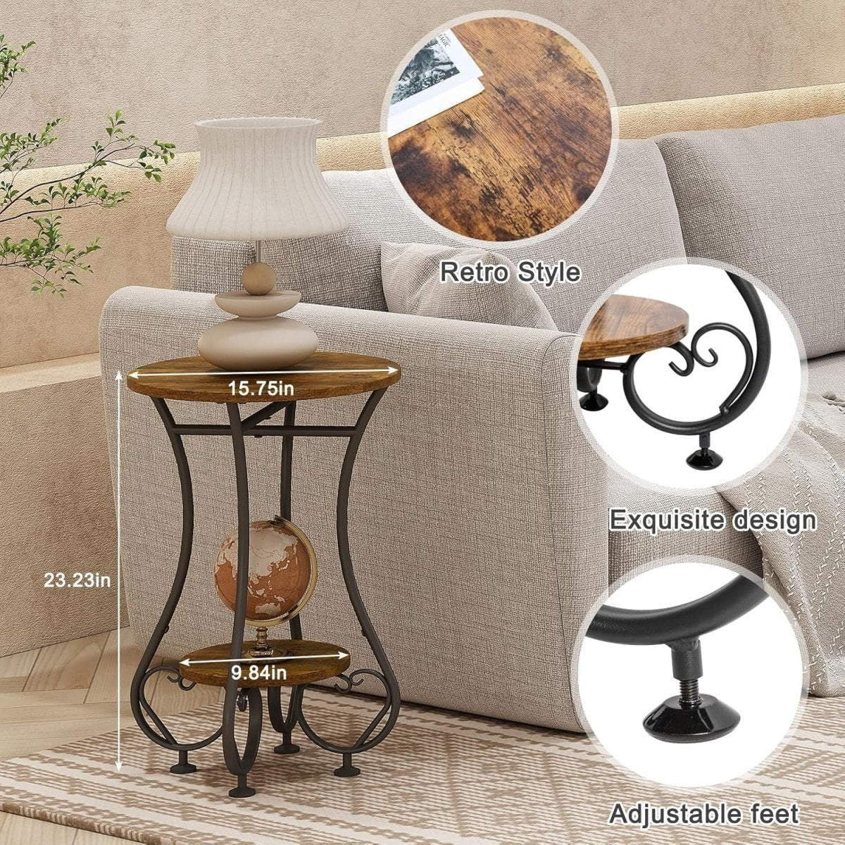 Small Round Side Table with Lower Shelf – Rustic Wood, Metal Frame, Compact - Kwikley