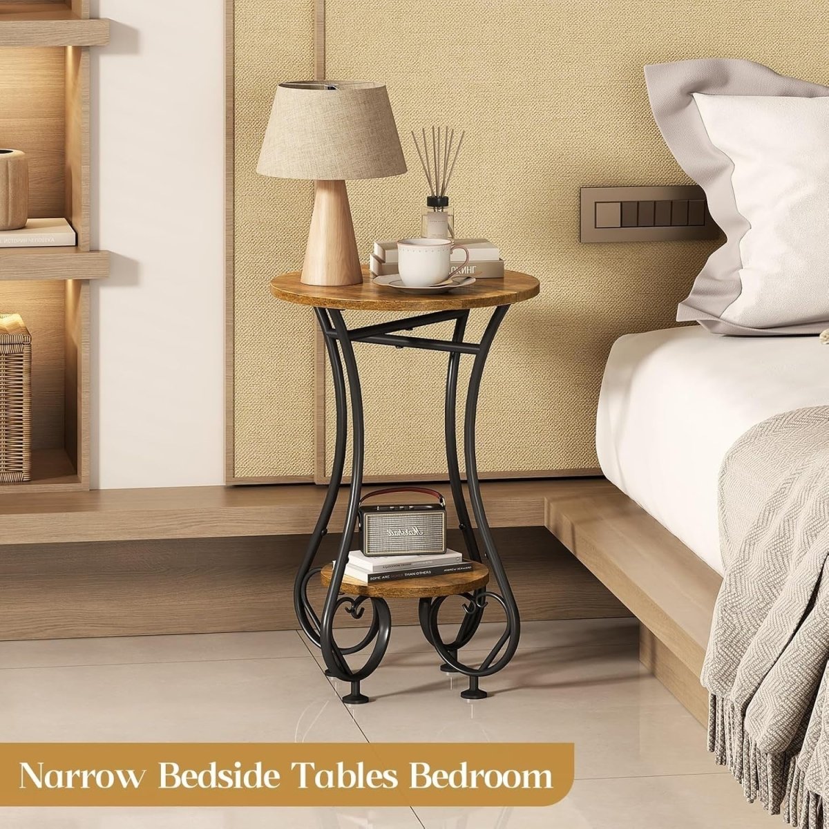 Small Round Side Table with Lower Shelf – Rustic Wood, Metal Frame, Compact - Kwikley